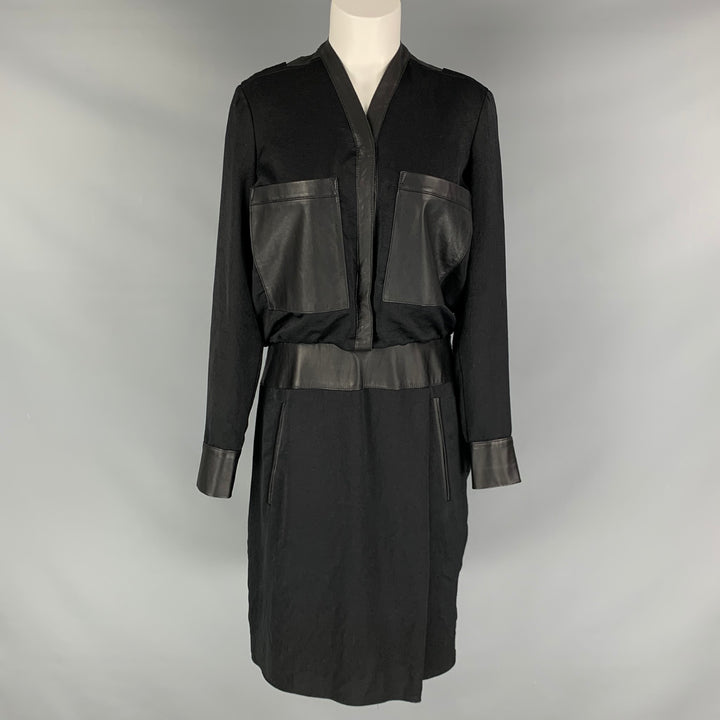 HELMUT LANG Size 6 Black Polyester Lamb Skin Long Sleeve Dress