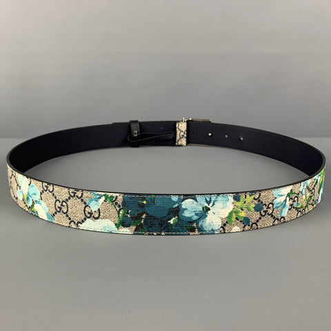GUCCI Size 40 Blue White Floral Monogram Leather Belt