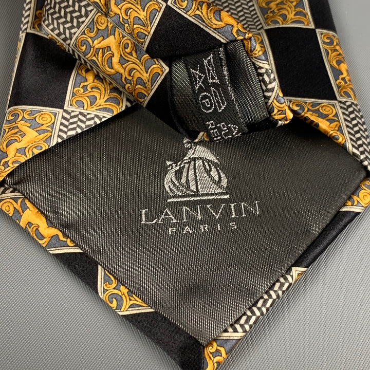 LANVIN Black Gold Print Silk Neck Tie