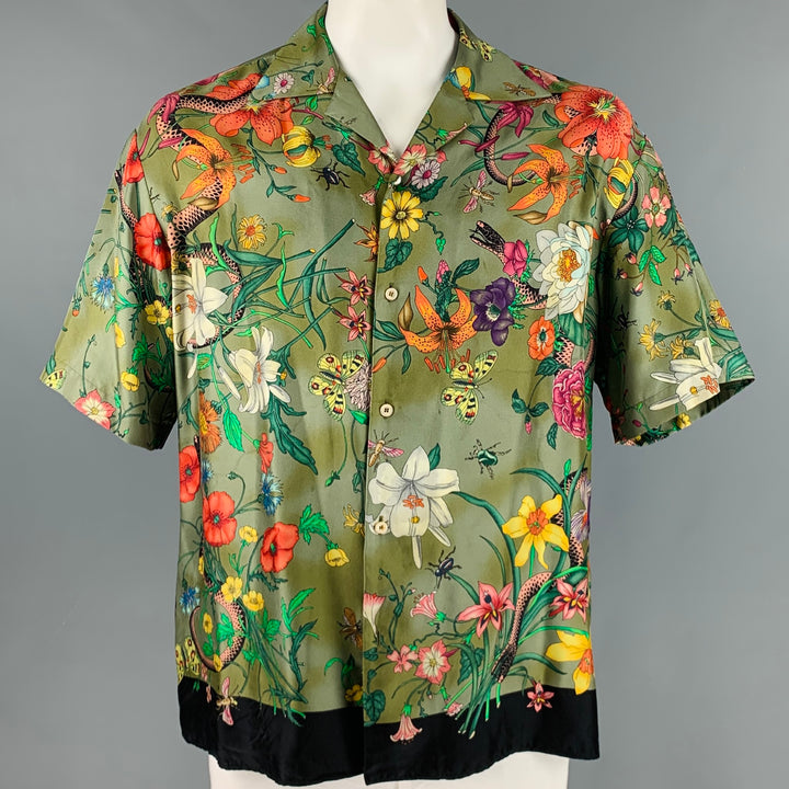 GUCCI Talla XXL Camisa de manga corta Campamento de seda con estampado multicolor verde