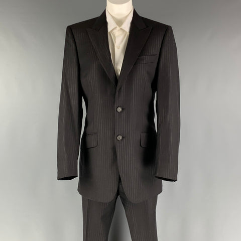 LANVIN Size 36 Black Stripe Wool Peak Lapel 30 28 Suit