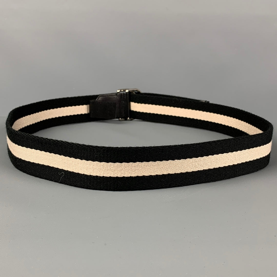 BALLY Size 36 Black White Fabric Double Ring Belt