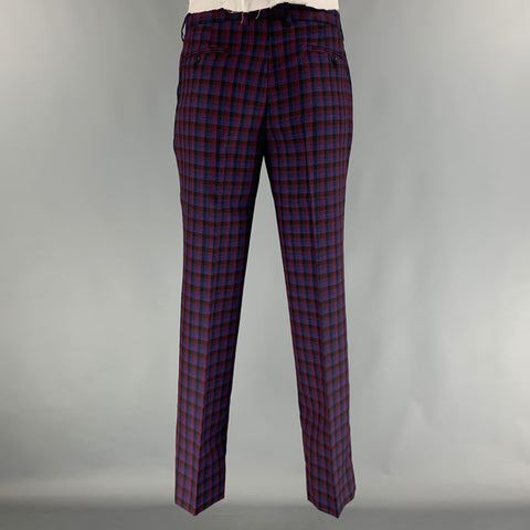 ETRO Chest Size 48 Navy Red Checkered Wool Single Breasted 37 31 Suit