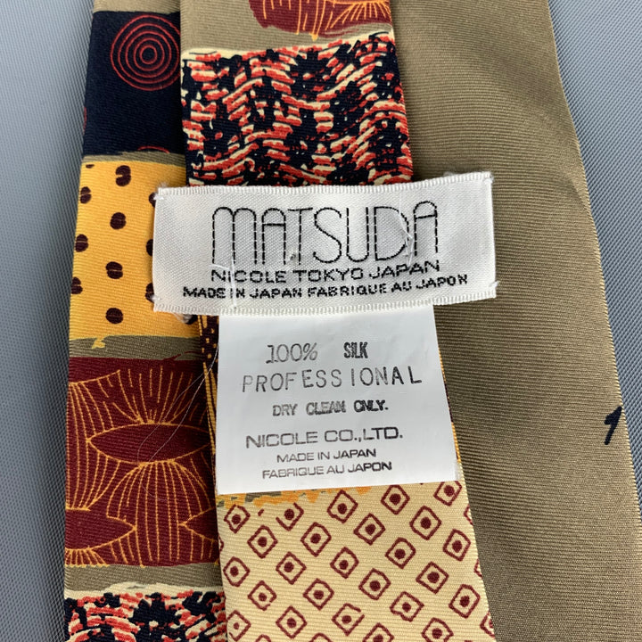 MATSUDA Khaki Abstract Print Silk Tie