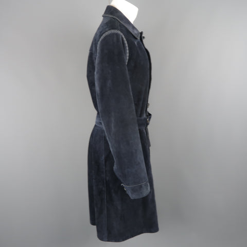 SALVATORE FERRAGAMO 40 Navy Suede Whipstitched Trench Coat