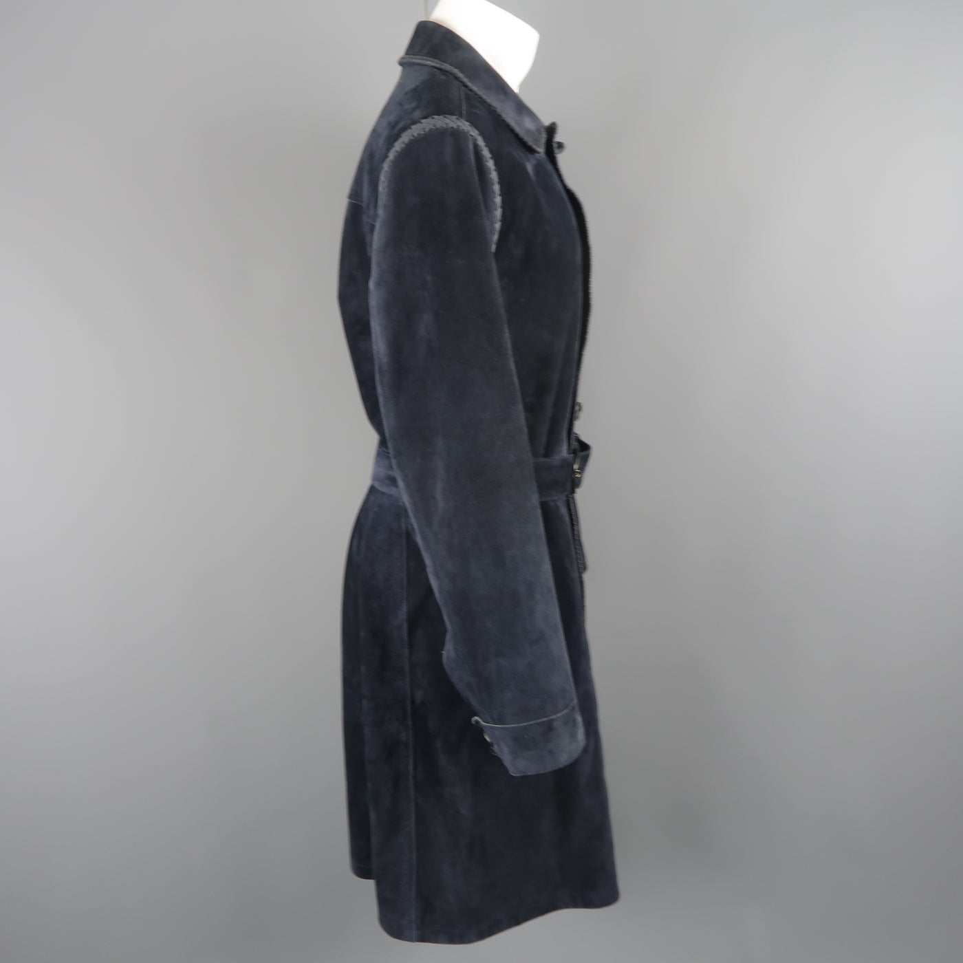 SALVATORE FERRAGAMO 40 Navy Suede Whipstitched Trench Coat