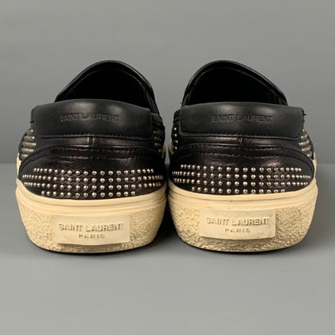 SAINT LAURENT Size 10.5 Black Studded Leather Slip On Silver Sneakers