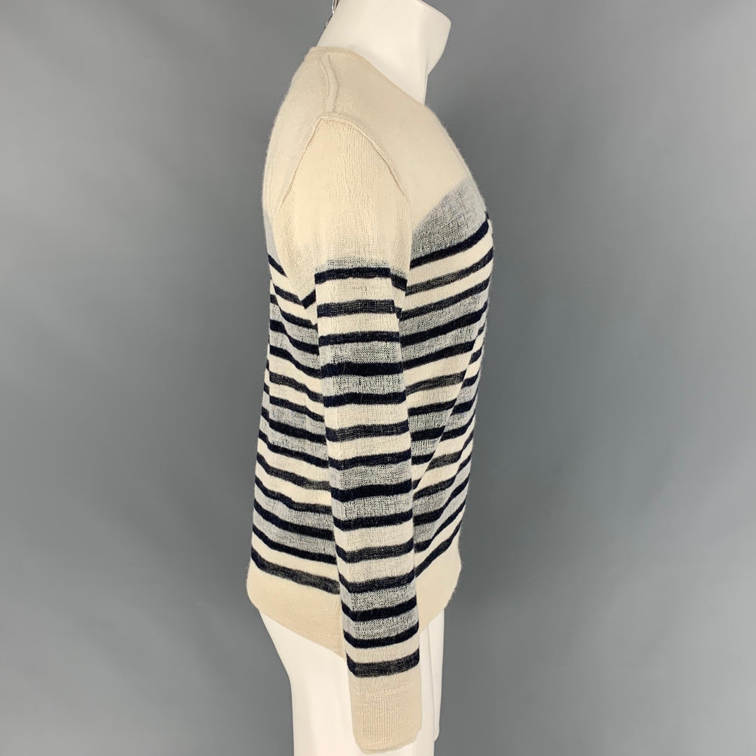 BURBERRY PRORSUM Size M Cream & Navy Stripe Alpaca / Silk Crew-Neck Pullover