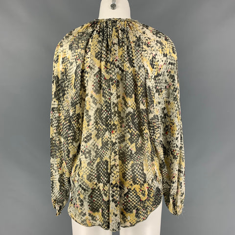 ISABEL MARANT Talla 4 Blusa extragrande de seda con estampado de piel de serpiente verde oliva y amarillo