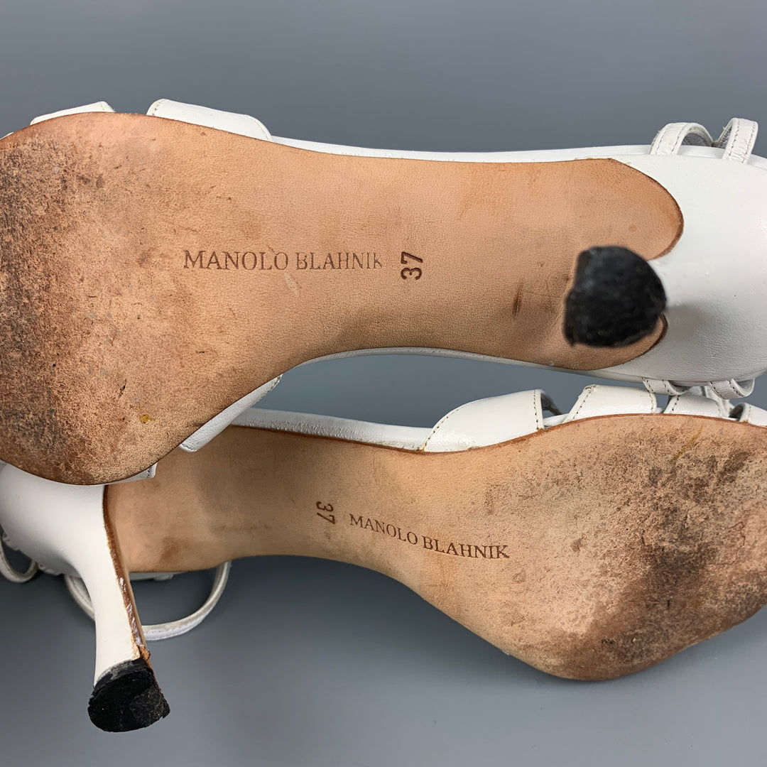 MANOLO BLAHNIK Size 7 White Leather Ankle Strap Sandals