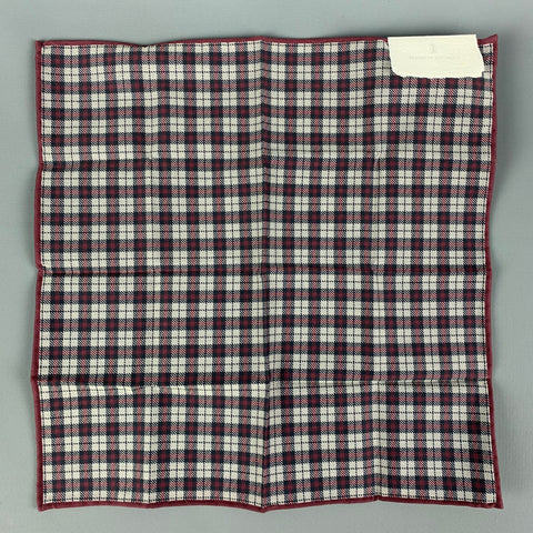 BRUNELLO CUCINELLI Burgundy Grey Tartan Cotton Pocket Square