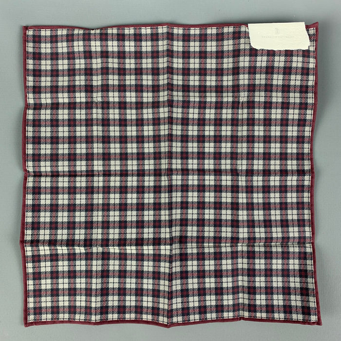 BRUNELLO CUCINELLI Burgundy Grey Tartan Cotton Pocket Square