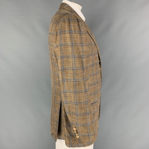 KITON Size 46 Tan Light Blue Plaid Cashmere Blend Sport Coat