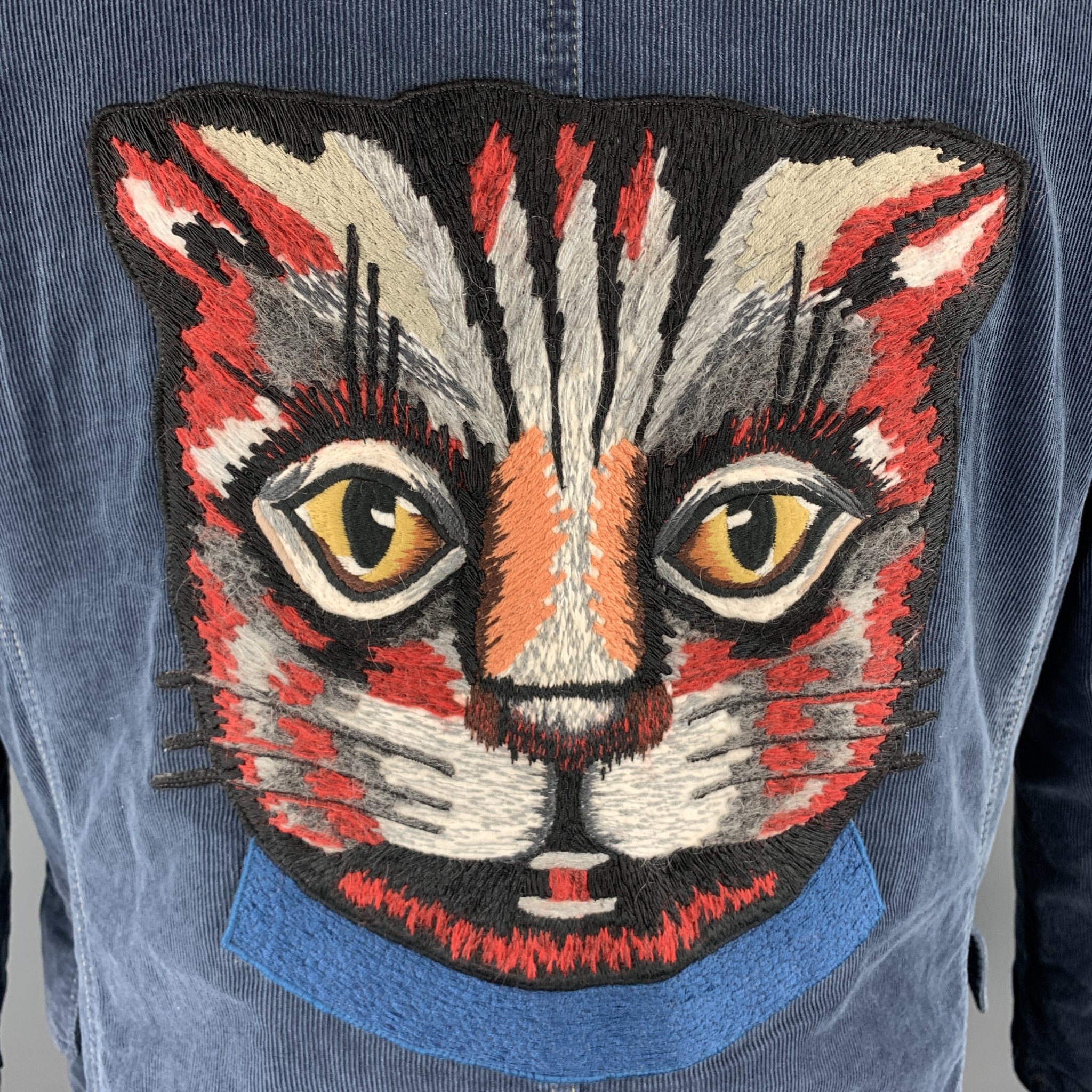 GUCCI Washed Navy Washed Corduroy Embroidered Cat ANIMALIUM Jacket Sui Generis Designer Consignment