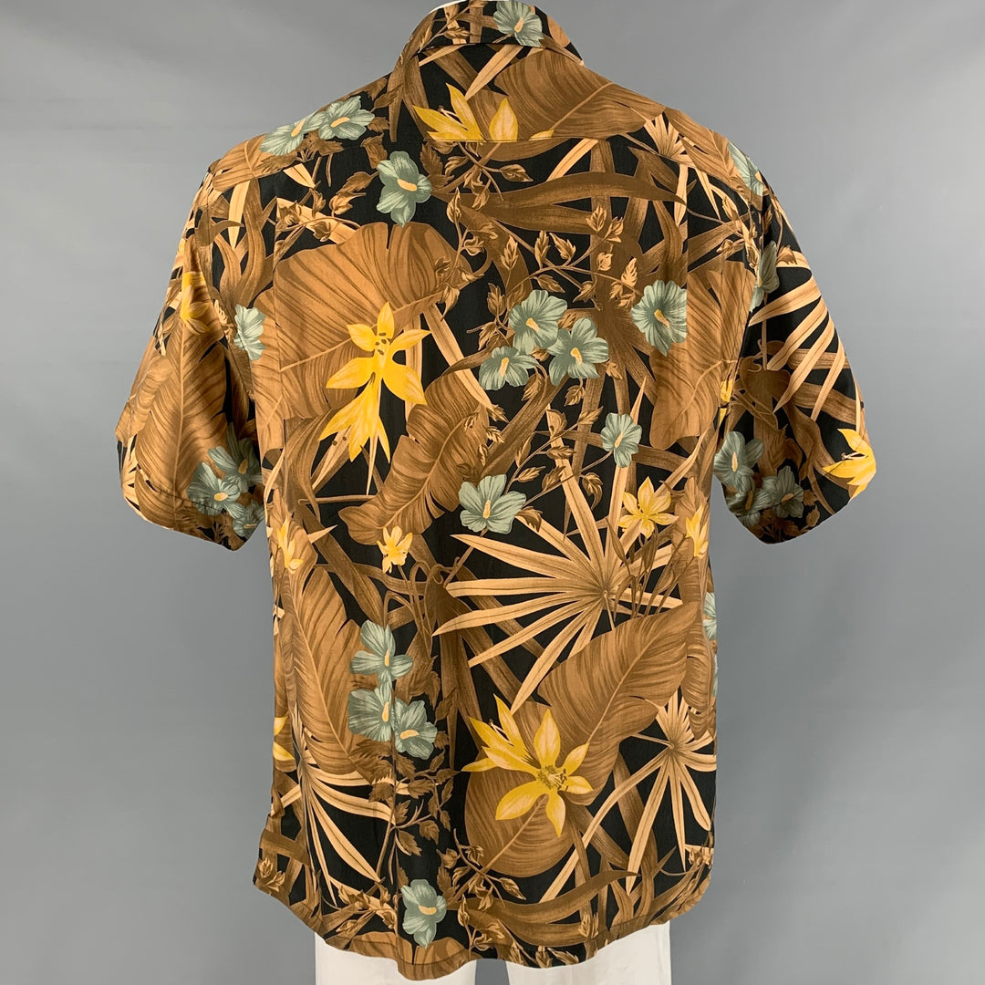 BRIONI Camisa de manga corta con botones de rayón floral marrón y negro talla L