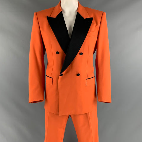DOLCE &amp; GABBANA Taille 46 Orange Noir Solide Laine Soie Peak Revers Costume