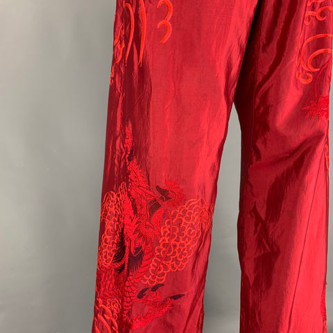 GUCCI by TOM FORD 2001 XL Red Dragon Embroidered Silk Wide Leg Karate Pants