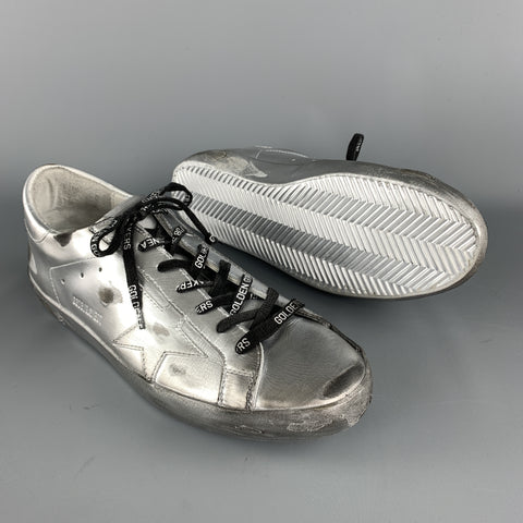 GOLDEN GOOSE SUPERSTAR RAY Size 10 Silver Metallic Leather Star Patch Lace Up Sneakers