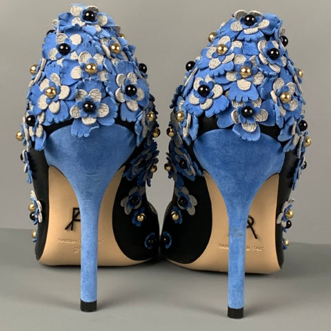 PAUL ANDREW Size 7 Black Blue Leather Floral Applique Pumps