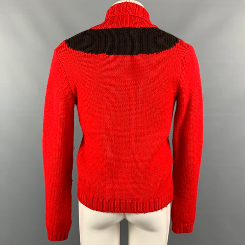 WALTER VAN BEIRENDONCK Size S Red & Yellow Knitted Wool Face Patch Cardigan