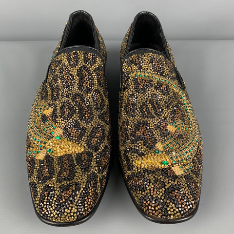 DONALD J PLINER SIGNATURE Size 9.5 Black Gold Green Beaded Leather Slip On Loafers