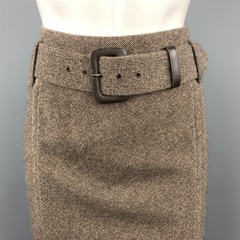 ESCADA Taille 8 Jupe ceinturée en tweed mélangé de laine vierge taupe et marron