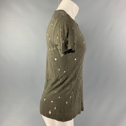 IRO Size XS Olive Distressed Linen Crew-Neck T-shirt