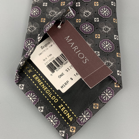ERMENEGILDO ZEGNA Charcoal & PLum Floral Pattern Silk Tie