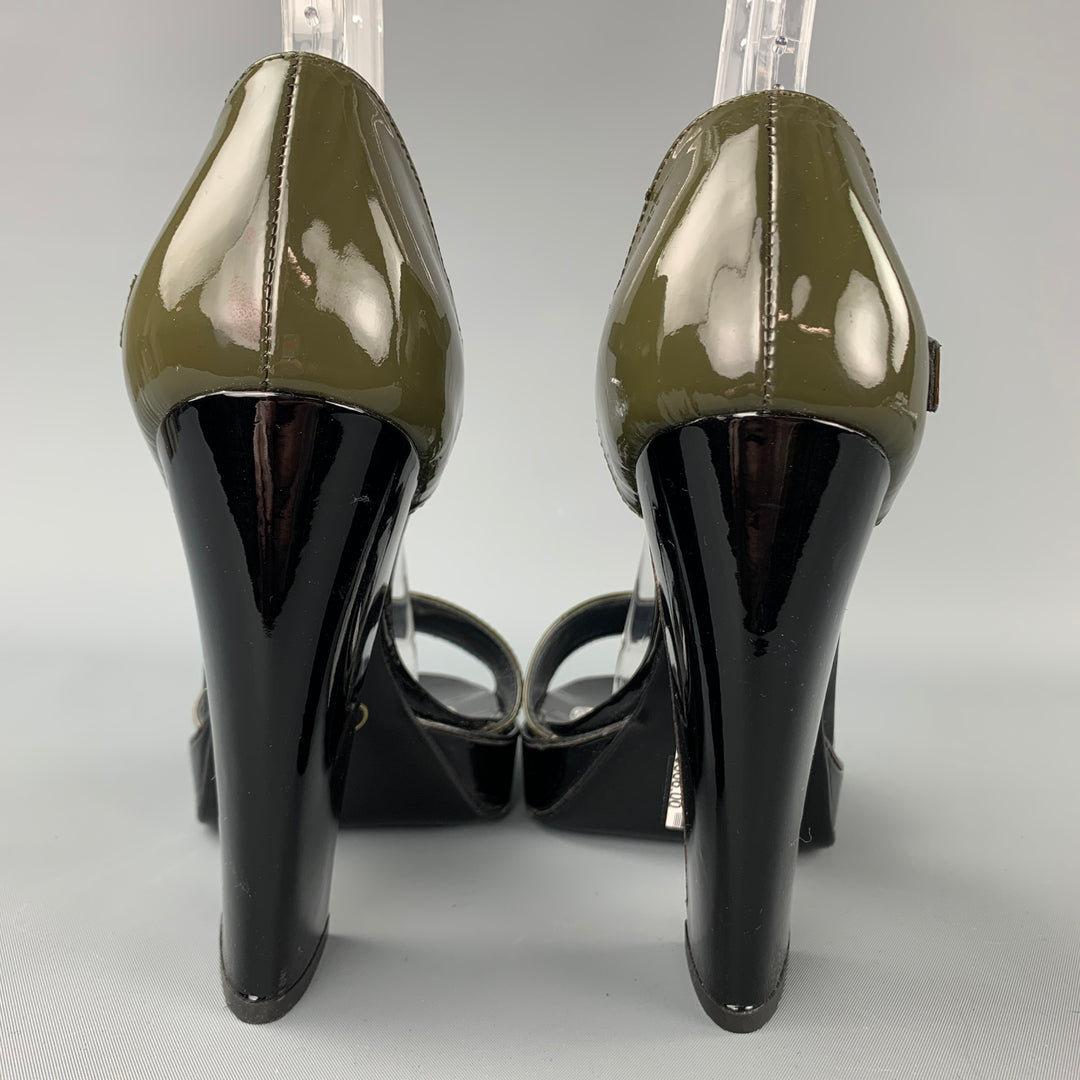 PRADA Size 9.5 Olive & Black Patent Leather Platform Sandals