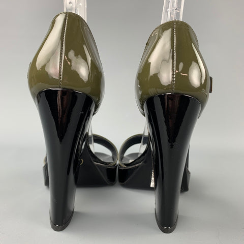 PRADA Size 9.5 Olive & Black Patent Leather Platform Sandals