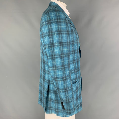 KITON Size 44 Aqua Grey Plaid Cashmere Blend Notch Lapel Sport Coat
