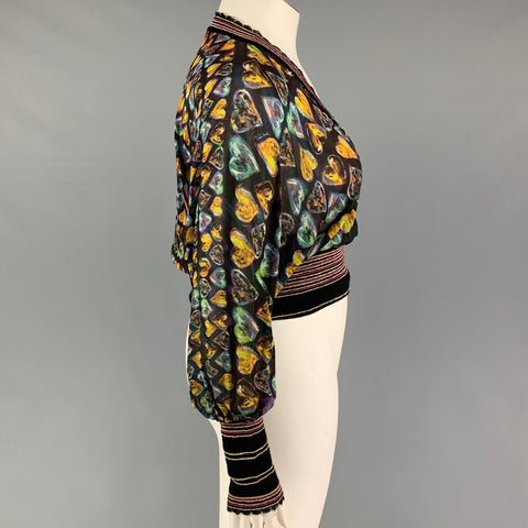 ROBERTO CAVALLI Size 8 Multi-Color Heart Print Silk Blend Long Sleeve Casual Top