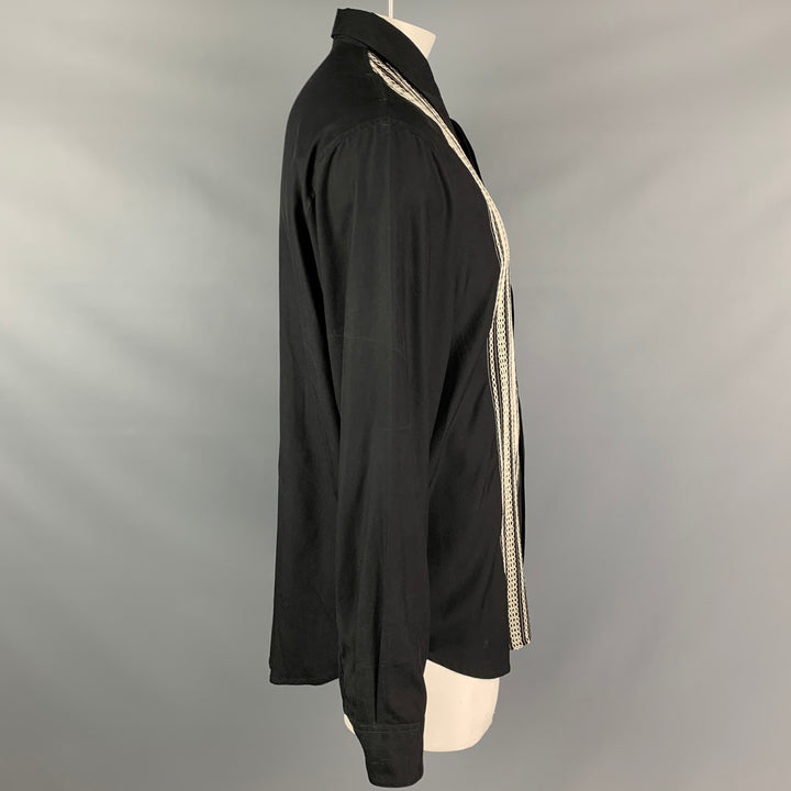 EQUIPMENT Size XL Black & Beige Embroidery Silk Hidden Placket Long Sleeve Shirt