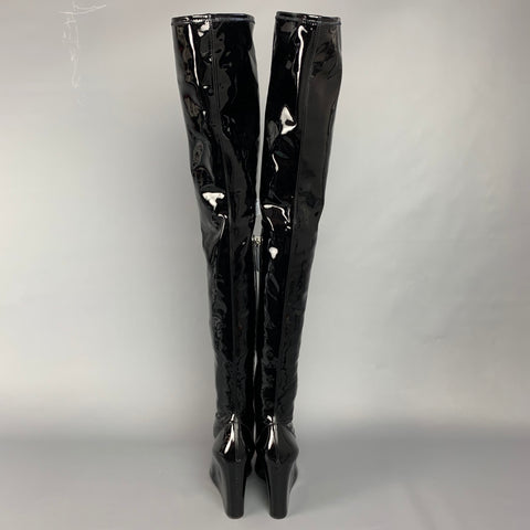 AMINA MUADDI Danielle Size 7.5 Black Patent Leather Knee High Boots