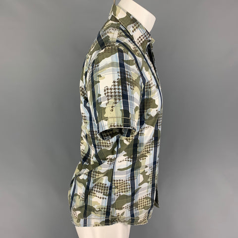 SIXTY Camisa de manga corta con botones de algodón a cuadros azul marino oliva talla M
