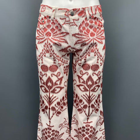 GUCCI by TOM FORD S/S 2000 Size 34 White & Red Embroidery Cotton 34 Bell Bottom Jeans