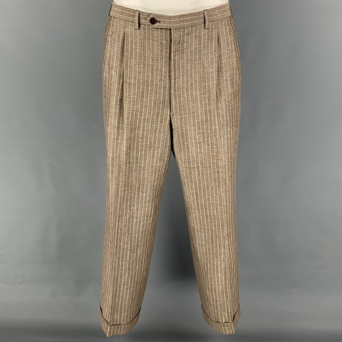 BRIONI for WILKES BASHFORD Size 42 Tan Light Blue Stripe Wool Linen Notch Lapel Suit