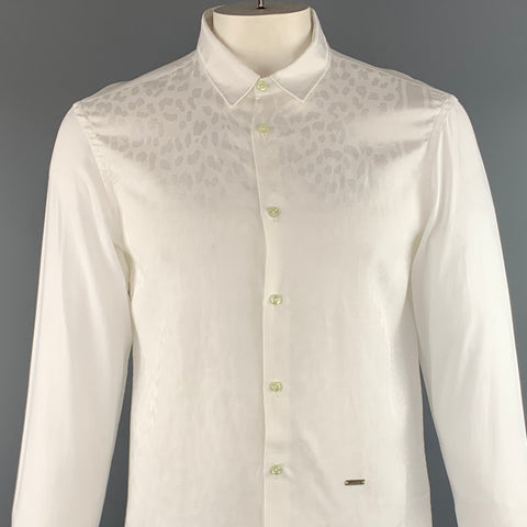 JUST CAVALLI Taille L Blanc sur Blanc Imprimé Animal Boutonné Chemise à Manches Longues