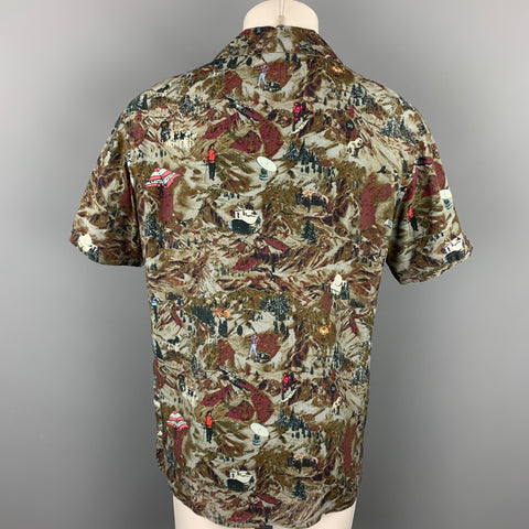 LANVIN Size L Grey & Brown Print Viscose Camp Short Sleeve Shirt