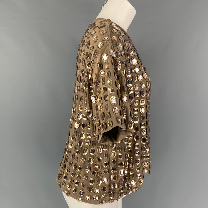 GIVENCHY Size M Taupe Gold Rhinestones Short Sleeve Dress Top