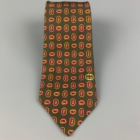 Corbata de seda de cachemir burdeos dorado y verde oliva GUCCI