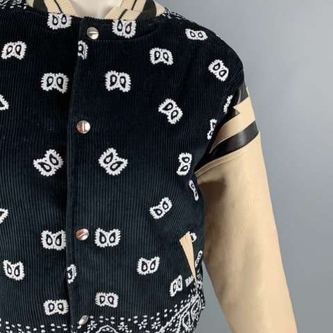RHUDE SS 22 Taille S Veste Bomber en Cuir Brodé en Coton Crème Noir