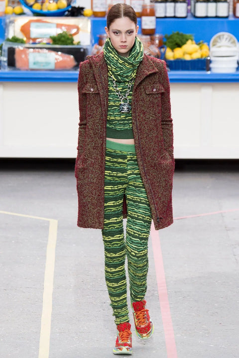 CHANEL Spring 2014 Size 14 Burgundy & Green Textured Boucle High Collar Coat CHANEL