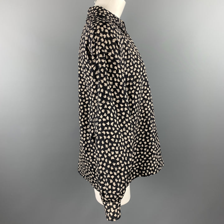 SALVATORE FERRAGAMO Size 10 Black & White Abstract Silk V-Neck Blouse