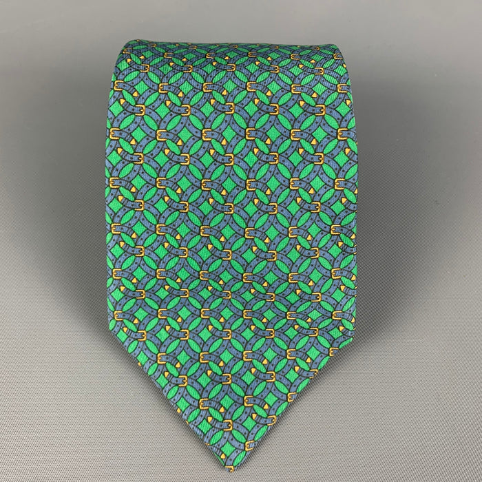 HERMES 7044 TA Green Blue Belt Buckle Print Silk Tie