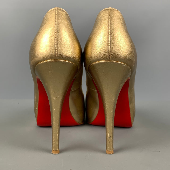 CHRISTIAN LOUBOUTIN Size 6.5 Gold Leather Peep Toe Pumps