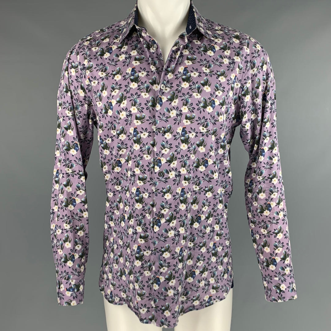 TED BAKER Size M Purple Multi-Color Floral Cotton Elastane Long Sleeve Shirt