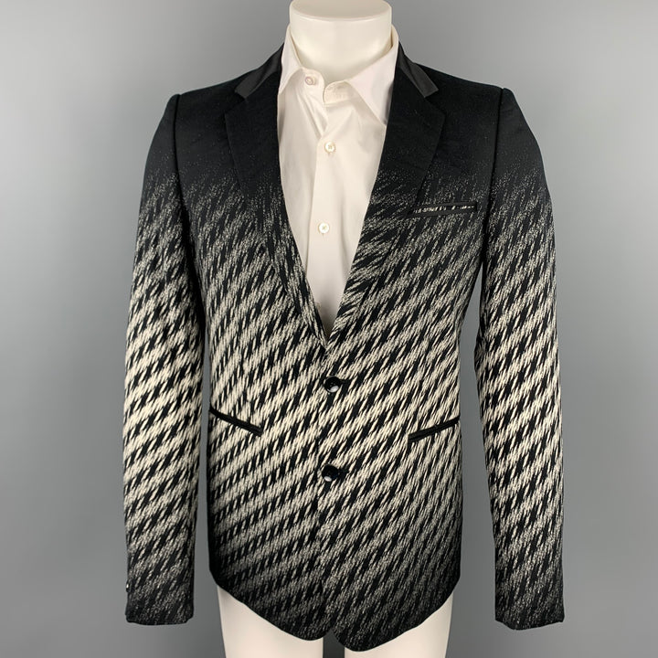 JUST CAVALLI Size 38 Black & White Houndstooth Cotton Blend Notch Lapel Sport Coat