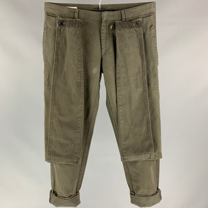 DRIES VAN NOTEN Size 30 Olive Cotton Overlay Casual Pants
