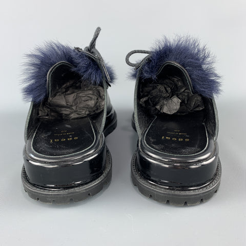 SACAI Black Leather & Blue Fur Slip On Loafer Slides